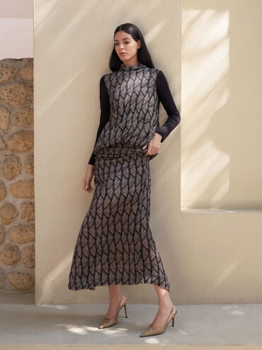 Glittered Mesh Pointed Slingback Pumps, Brown, hi-res