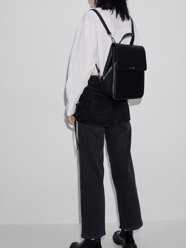 Front Flap Structured Backpack, Black, hi-res