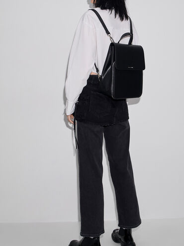Front Flap Structured Backpack, Black, hi-res
