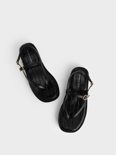 Strappy Flatform Thong Sandals, Black, hi-res