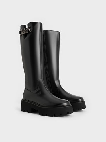 Imogen Rose-Motif Chunky Knee-High Boots, Black, hi-res