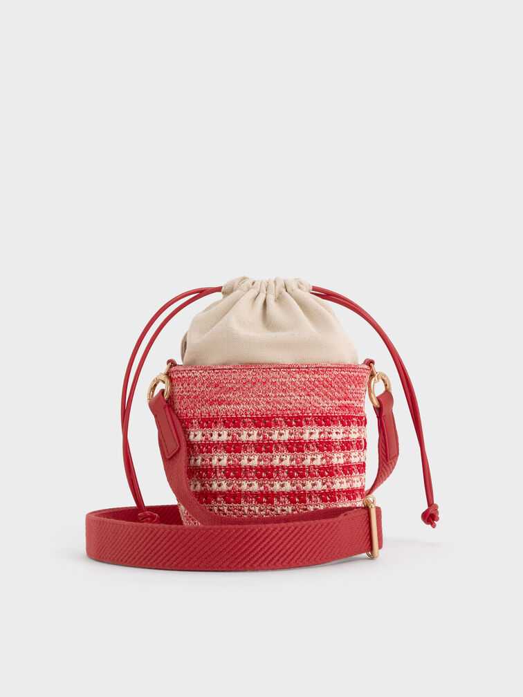 Girls' Ida Knitted Gingham Bucket Bag, Gingham Red, hi-res