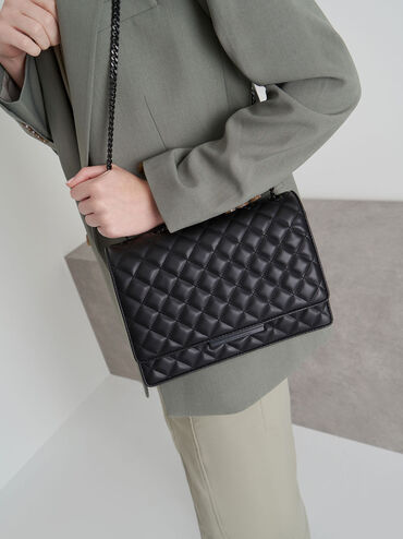 Túi đeo vai nữ hình chữ nhật Quilted Chain Strap, Đen mờ, hi-res