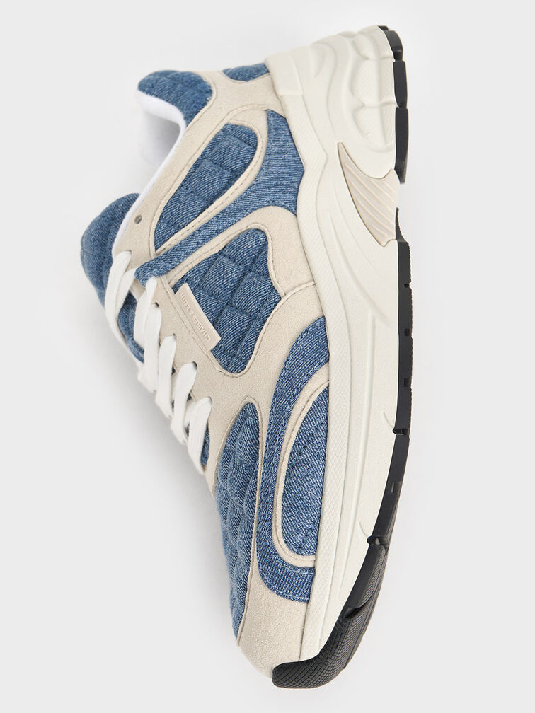 Gi&agrave;y sneakers cổ thấp Denim Quilted Lace-Up Chunky, Xanh denim, hi-res