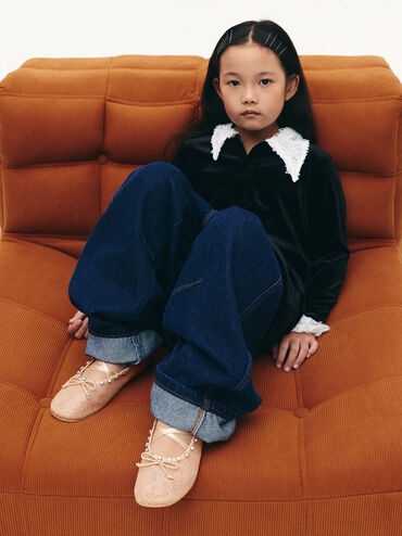 Giày búp bê mũi tròn Lace Crystal, Nude, hi-res