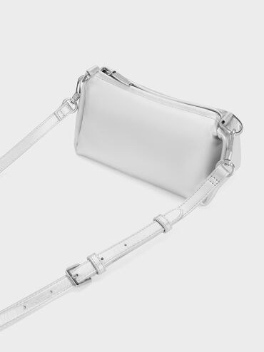 Embellished Chain Handle Leather Crossbody Bag, Silver, hi-res