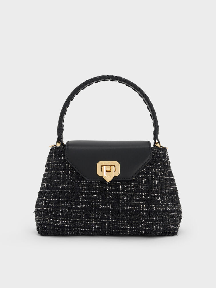 Arwen Tweed Quilted Braided-Strap Top Handle Bag, Black Tweed, hi-res