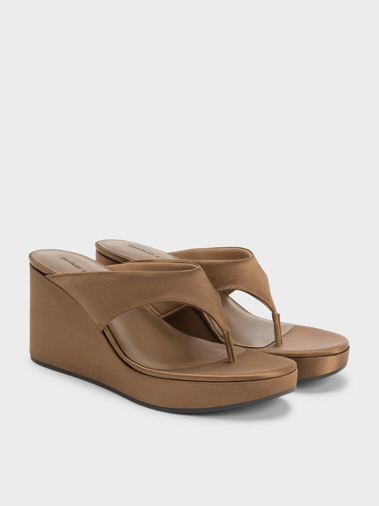 Satin Thong Platform Wedges, Brown, hi-res