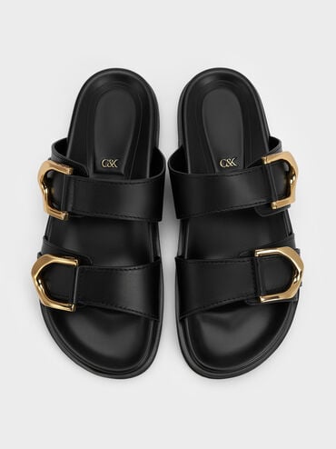 Gabine Gold-Buckle Leather Slides, Black, hi-res