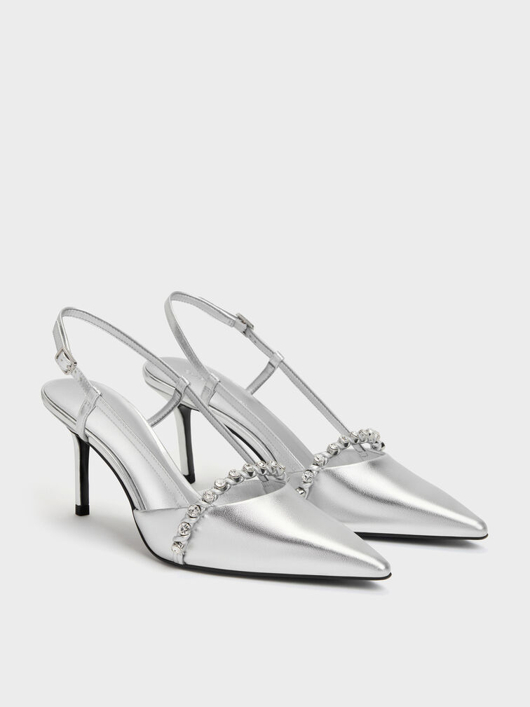 Metallic Crystal Slingback Pumps, Silver, hi-res