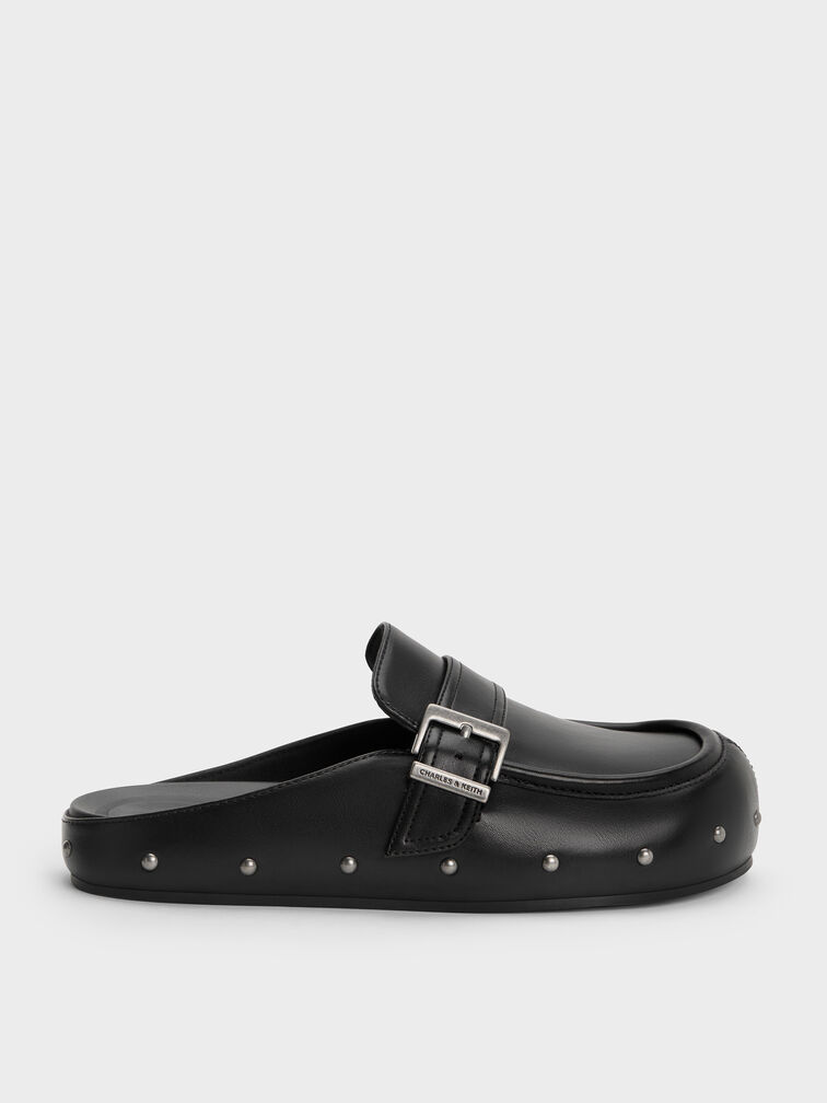 Studded Buckled Flat Mules, Black, hi-res