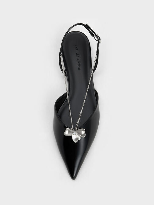 Flower-Accent Chain-Link Slingback Flats, Black Boxed, hi-res