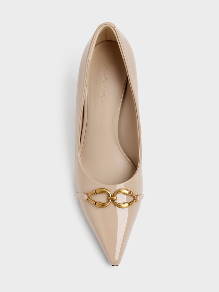 Gi&agrave;y cao g&oacute;t b&iacute;t mũi Patent Metallic-Buckle nude, Nude, hi-res