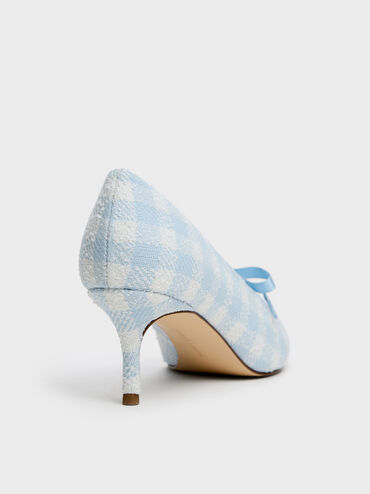 Venetia Gingham Bow Pointed Pumps, Light Blue, hi-res
