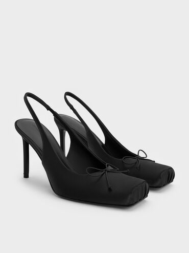Satin Ruched Stiletto Slingback Pumps, Black Textured, hi-res