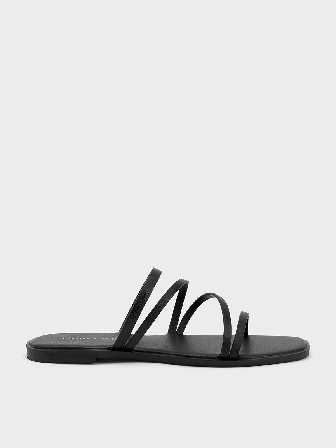 Strappy Slide Sandals, Black, hi-res