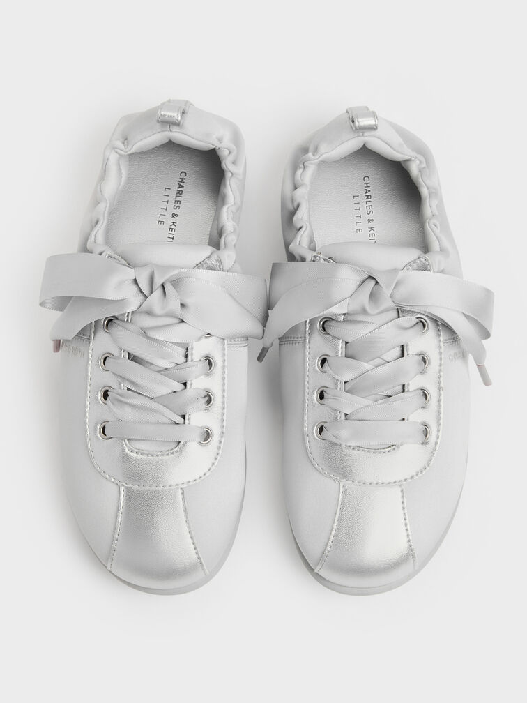 Girls' Satin Pearlescent Sneakers, Silver, hi-res