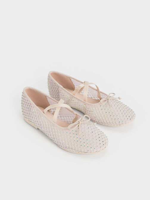 Giày búp bê bé gái Mesh Crystal-Embellished Crossover-Strap, Kem, hi-res