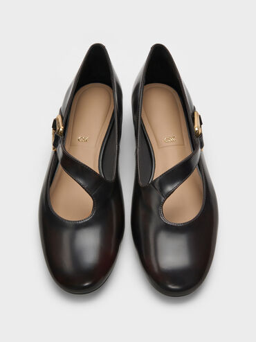 Daena Leather Asymmetric-Strap Mary Janes, Dark Brown, hi-res