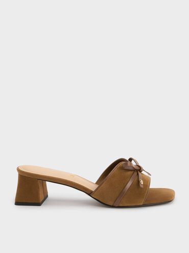 Leather & Suede Bow Heeled Mules, Brown, hi-res