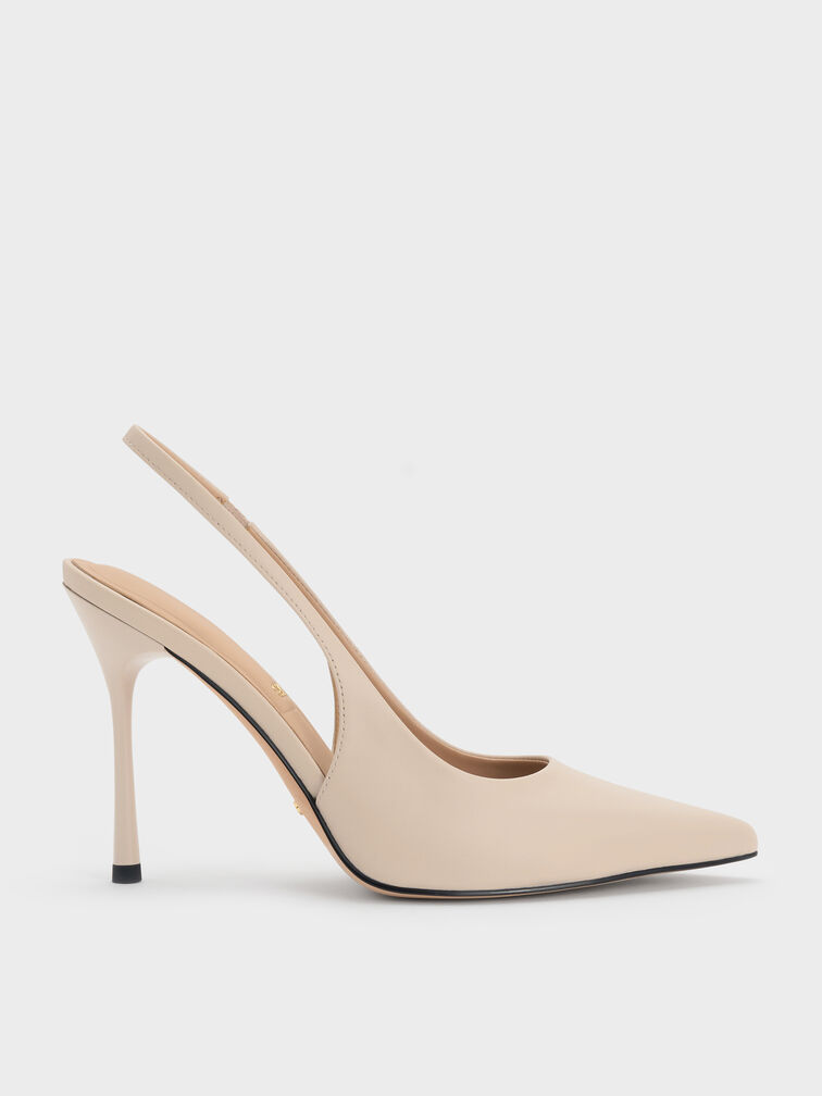 Leather Slingback Stiletto Pumps, Oat, hi-res