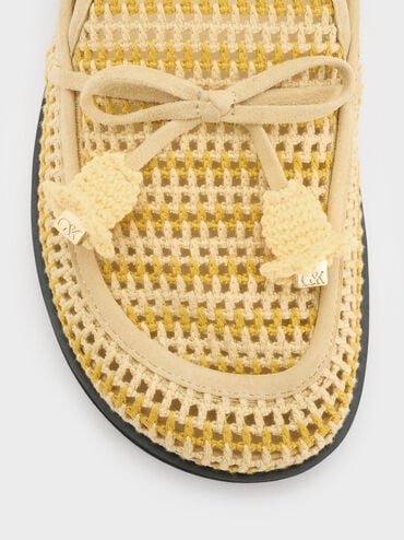 Crochet & Suede Flower Mules, Yellow, hi-res