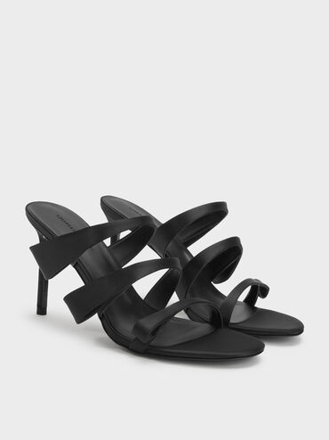 Satin Triple Pleated-Strap Stiletto Heels, Black Textured, hi-res