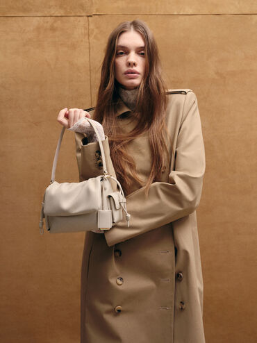 Túi xách phom chữ nhật Khai Ruched-Flap, Xám trắng, hi-res