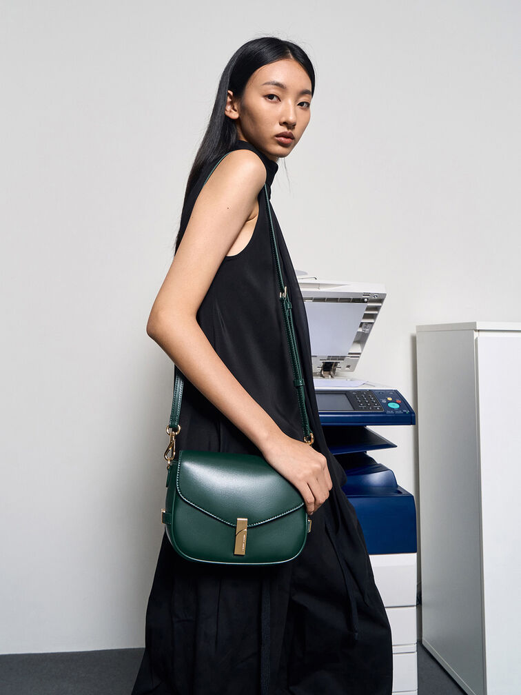 Aurelia Metallic-Accent Saddle Bag, Dark Green, hi-res