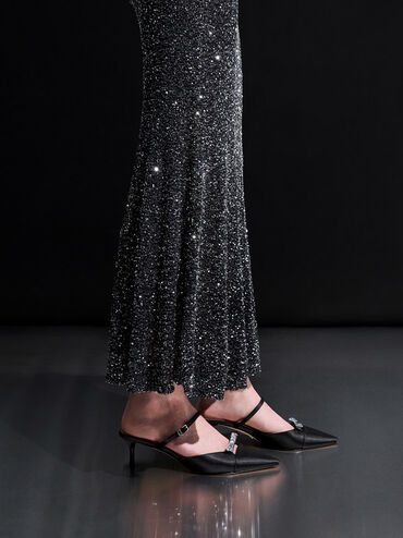 Gi&agrave;y mules cao g&oacute;t Recycled Polyester Bow Kitten-Heel, Đen họa tiết, hi-res