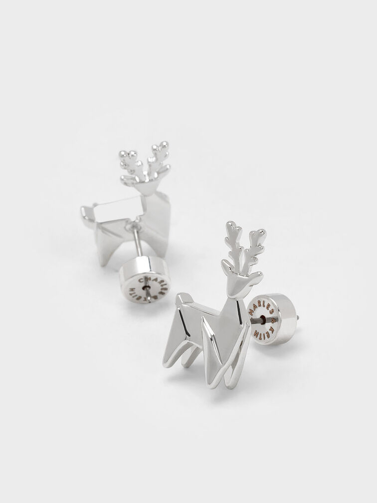 Deer Stud Earrings, Silver, hi-res