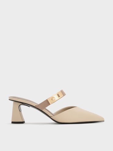 Lando Pointed-Toe Metallic-Buckle Heeled Mules, Chalk, hi-res
