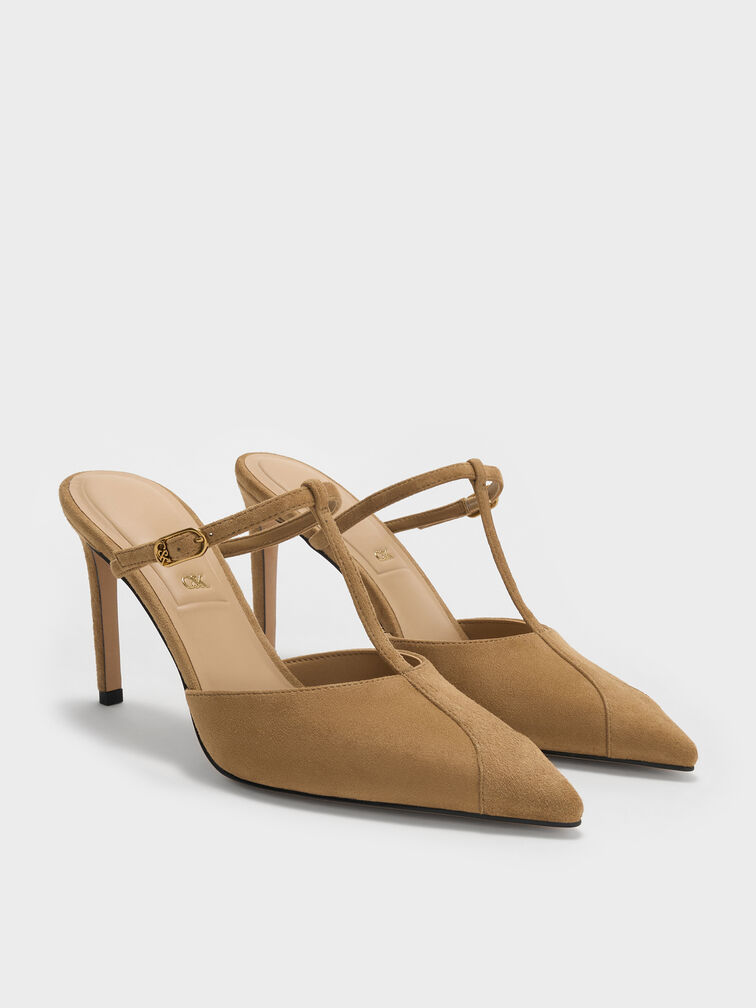 Suede T-Bar Pointed Heeled Mules, Sand, hi-res