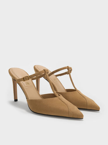 Suede T-Bar Pointed Heeled Mules, Sand, hi-res
