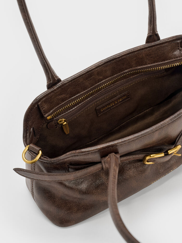 Victoria Belted Elongated Shoulder Bag, Distressed Coffee, hi-res