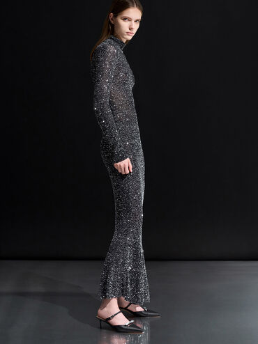 Gi&agrave;y mules cao g&oacute;t Recycled Polyester Bow Kitten-Heel, Đen họa tiết, hi-res