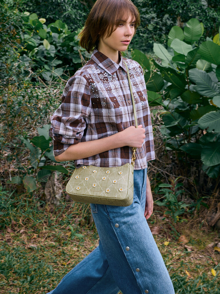 T&uacute;i đeo vai h&igrave;nh thang Philomena Raffia Flower, Pale Olive, hi-res