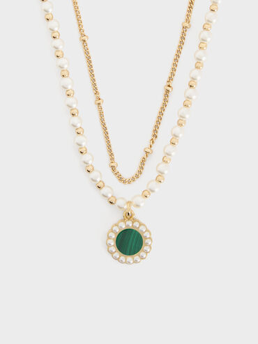 Pearl & Gemstone Double-Chain Necklace, Green, hi-res