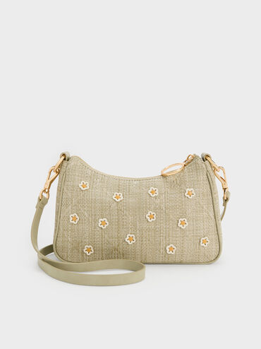 T&uacute;i đeo vai h&igrave;nh thang Philomena Raffia Flower, Pale Olive, hi-res