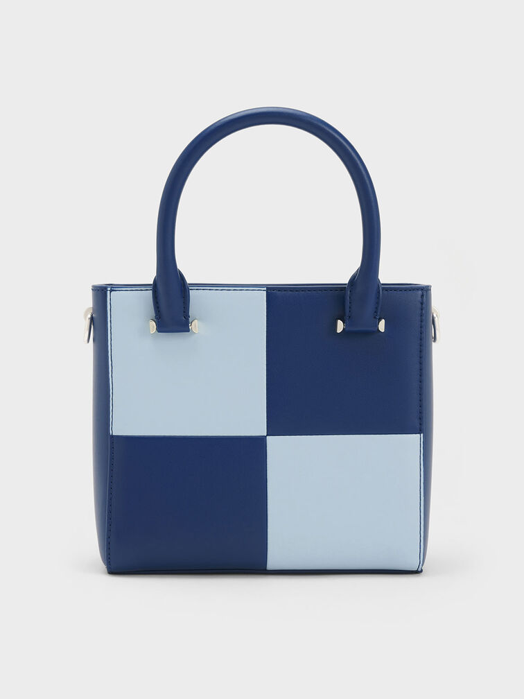 Georgette Checkered Square Tote Bag, Navy, hi-res