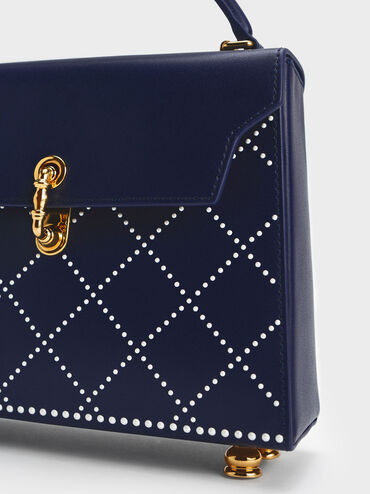 Túi xách hình thang Marietta Bead-Embellished, Xanh navy, hi-res