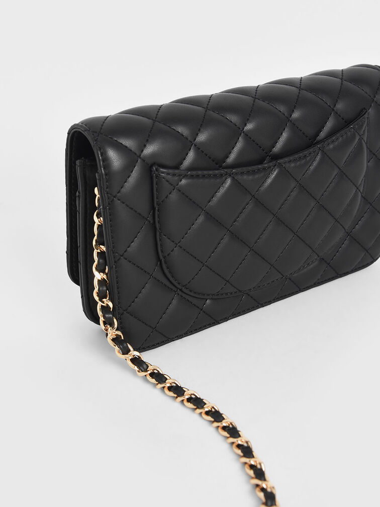 Quilted Flip-lock Clutch, Black, hi-res