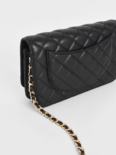 Quilted Flip-lock Clutch, Black, hi-res