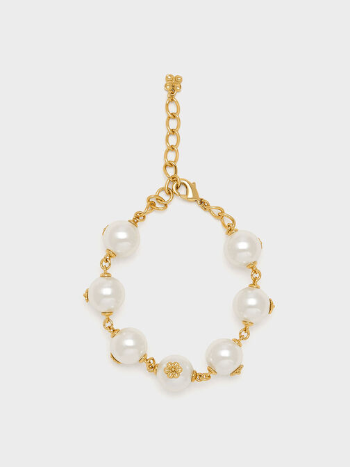 Flower-Embellished Pearl Bracelet, Gold, hi-res