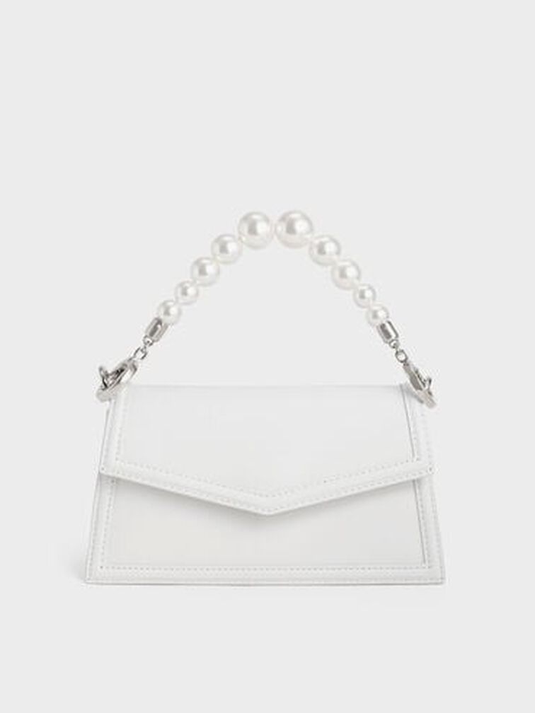 Leather Bead-Handle Envelope Bag, White, hi-res