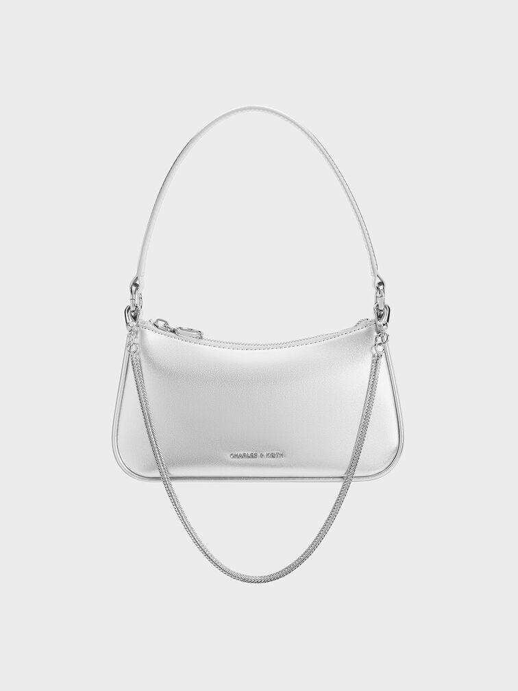 Silver Metallic Curved Shoulder Bag - CHARLES & KEITH VN