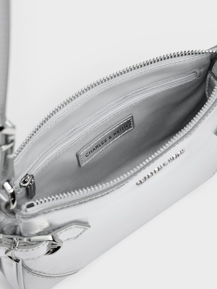 Antonella Metallic Chain-Strap Side-Buckle Crossbody Bag, Silver, hi-res