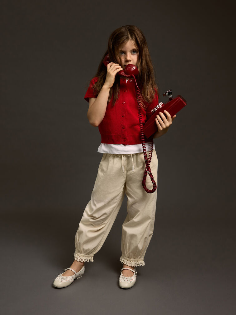 Girls' Satin Printed Bow Mary Jane Flats, Chalk, hi-res