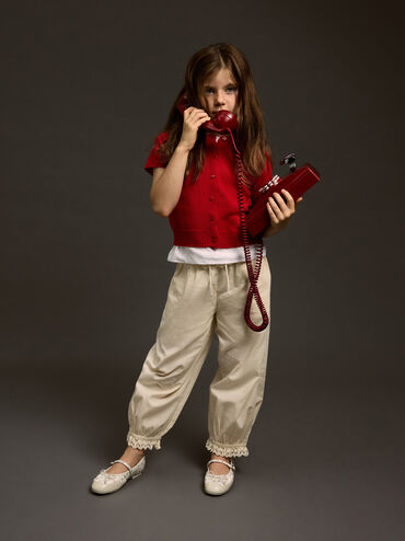 Girls' Satin Printed Bow Mary Jane Flats, Chalk, hi-res