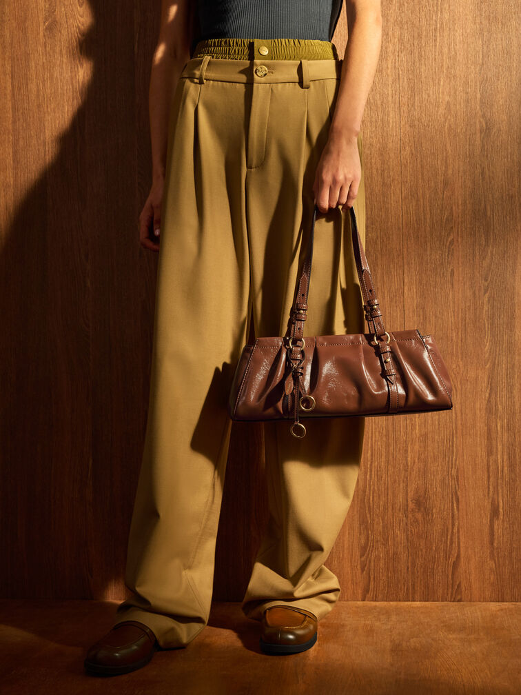 Britton Ruched Elongated Shoulder Bag, Chocolate, hi-res